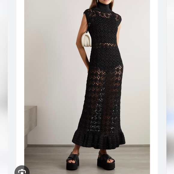 NWT Ganni Black Semi-Sheer Crocheted Midi Dress Metallic Threading Small - Picture 1 of 13